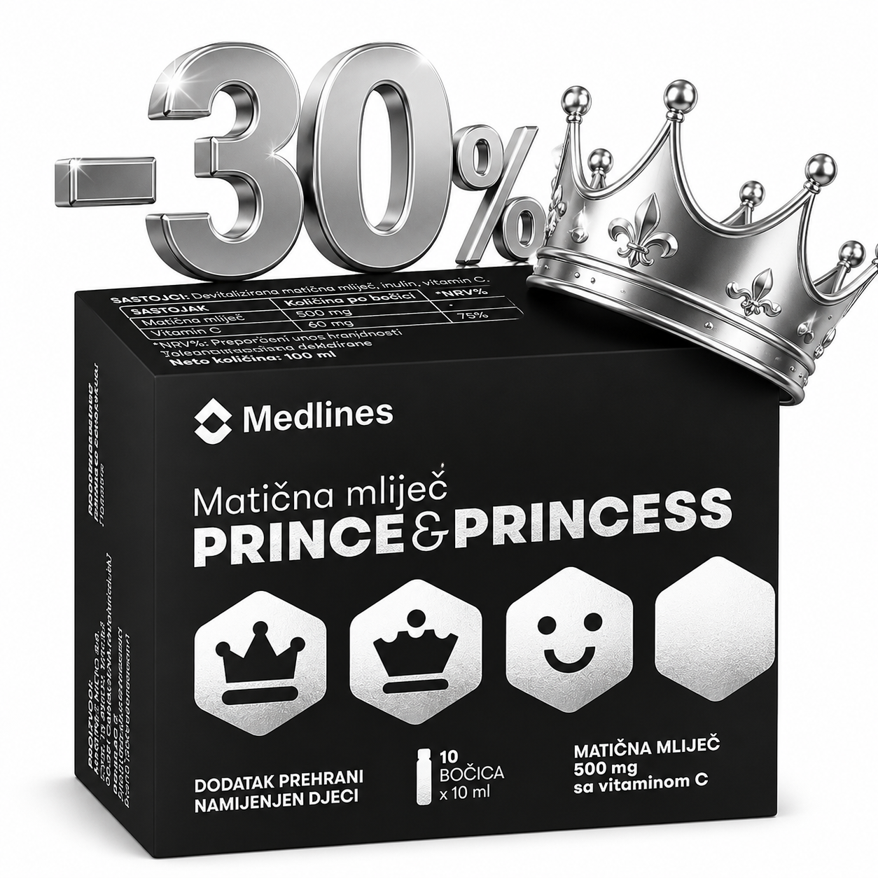 % Medlines Matična mliječ 10 bočica x 500 mg Prince and Princess ROK 7/27